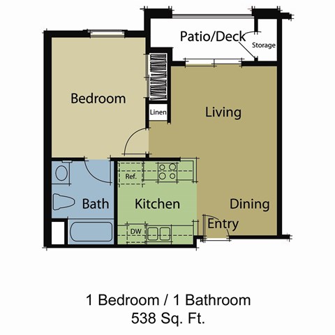Floor plan for 1 bed, 1 bath, 538 sqft